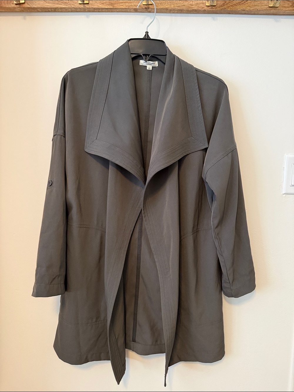 Max Studio Open-Front Trench Coat - Gray/Green